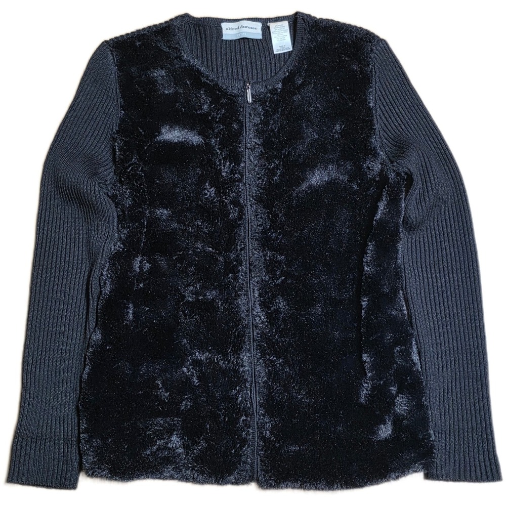 Alfred Dunner Petite‎ Faux Fur & Knit Cardigan Sweater Women's Size PL Black Zip